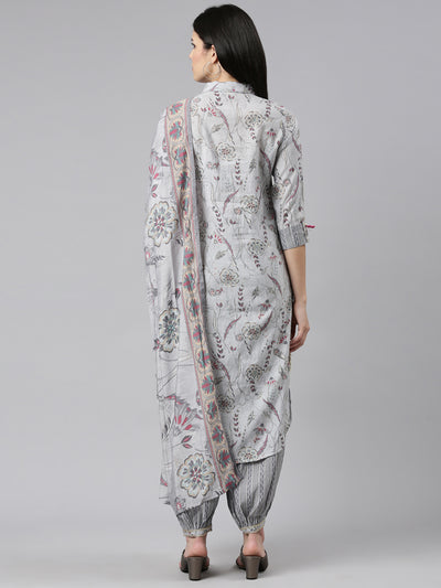 Neeru's Grey Regular Straight Printed Kurta And Salwar With Dupatta