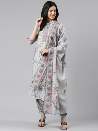 Neeru's Grey Regular Straight Printed Kurta And Salwar With Dupatta