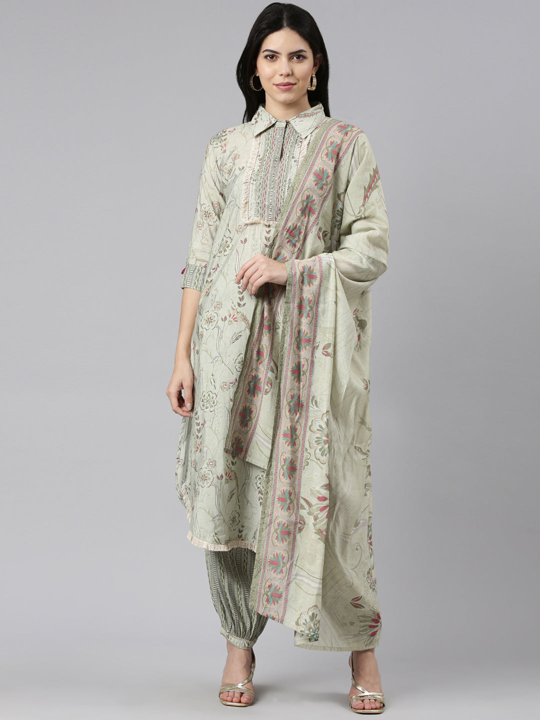 Neeru's Green Regular Straight Printed Kurta And Salwar With Dupatta