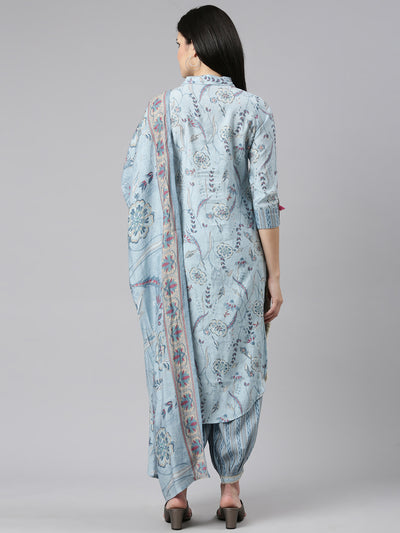 Neeru's Blue Regular Straight Printed Kurta And Salwar With Dupatta