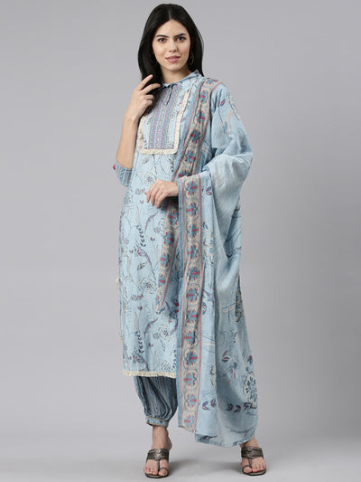 Neeru's Blue Regular Straight Printed Kurta And Salwar With Dupatta