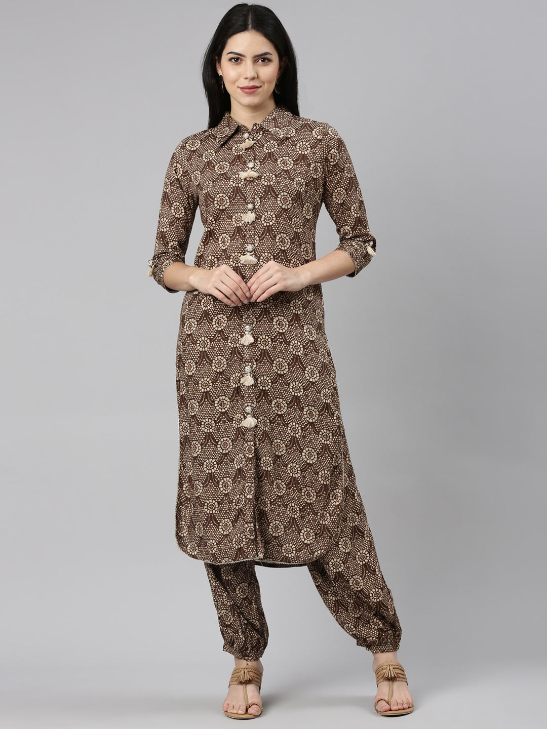 Neeru's Brown Regular Straight Printed Kurta And Salwar