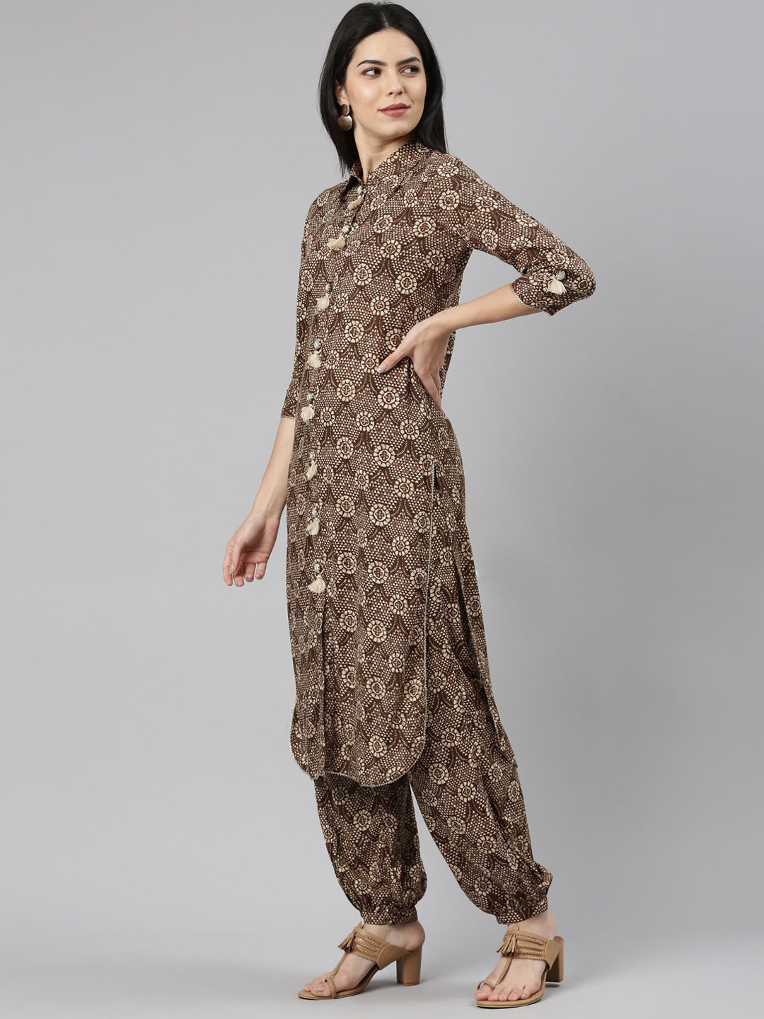 Neeru's Brown Regular Straight Printed Kurta And Salwar