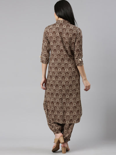 Neeru's Brown Regular Straight Printed Kurta And Salwar