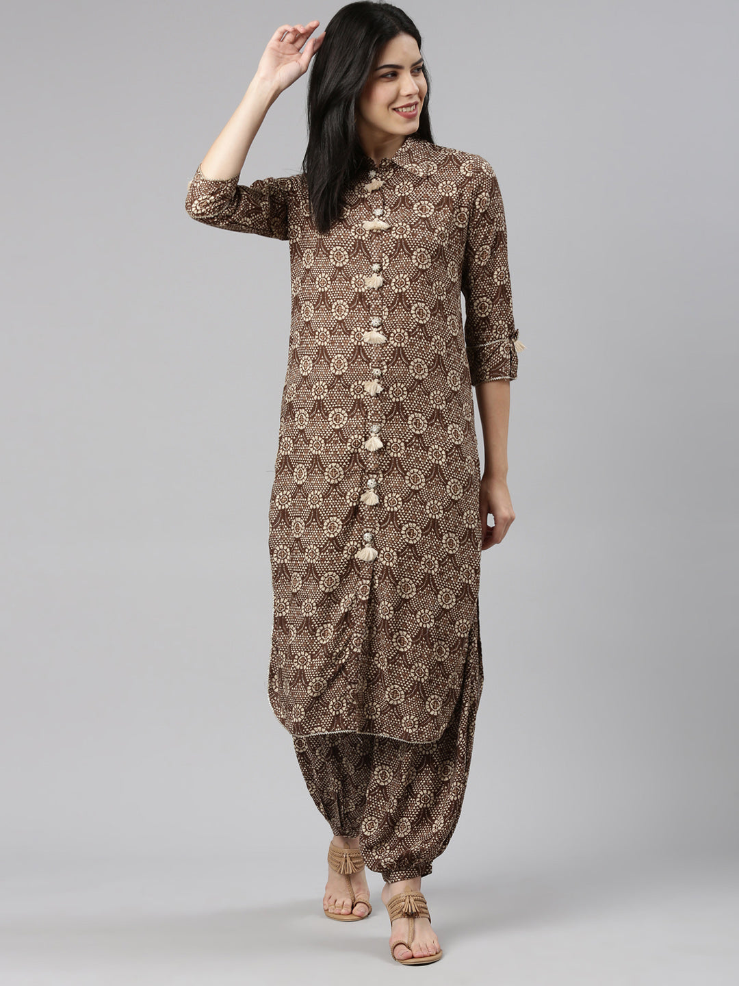 Neeru's Brown Regular Straight Printed Kurta And Salwar