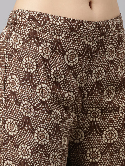 Neeru's Brown Regular Straight Printed Kurta And Salwar