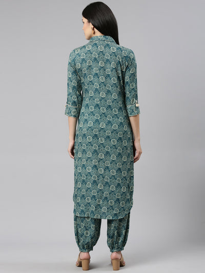 Neeru's Green Regular Straight Printed Kurta And Salwar