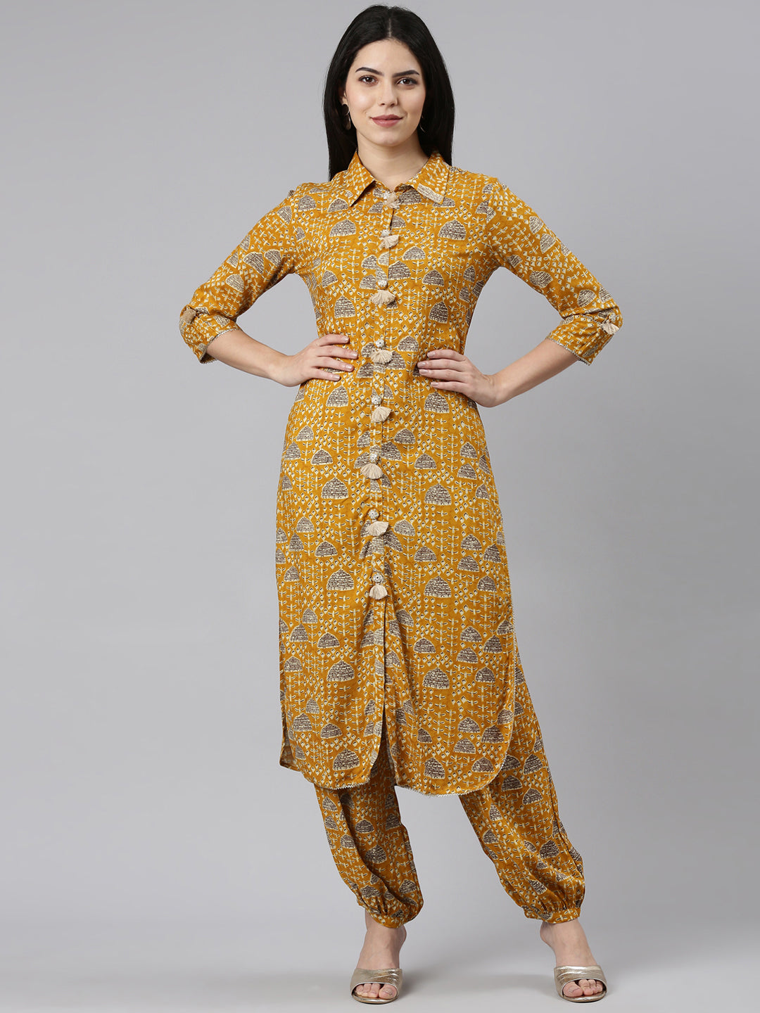 Neeru's Mustard Regular Straight Printed Kurta And Salwar