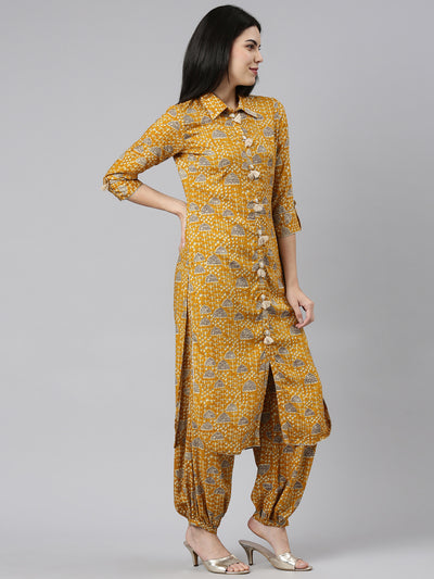 Neeru's Mustard Regular Straight Printed Kurta And Salwar