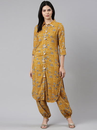 Neeru's Mustard Regular Straight Printed Kurta And Salwar