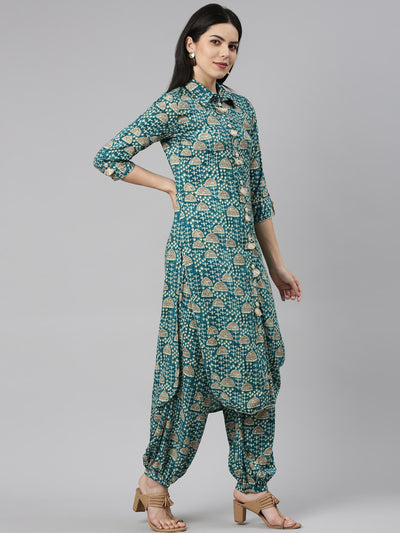 Neeru's Green Regular Straight Printed Kurta And Salwar