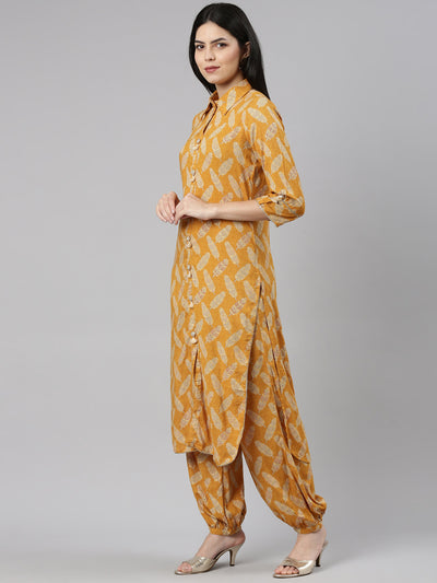 Neeru's Mustard Regular Straight Printed Kurta And Salwar