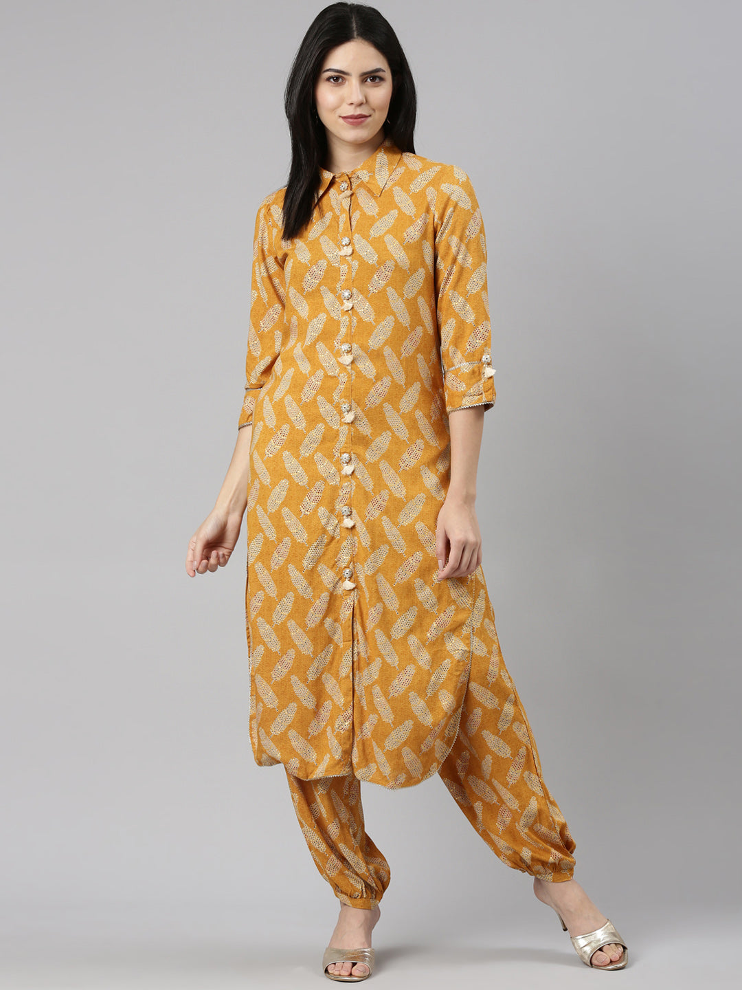 Neeru's Mustard Regular Straight Printed Kurta And Salwar