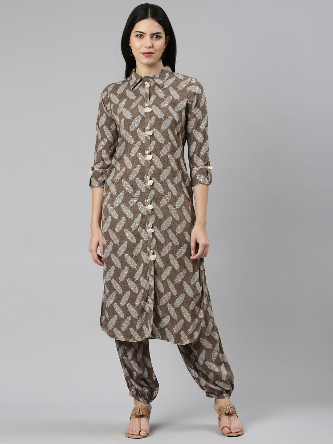 Neeru's Olive Regular Straight Printed Kurta And Salwar