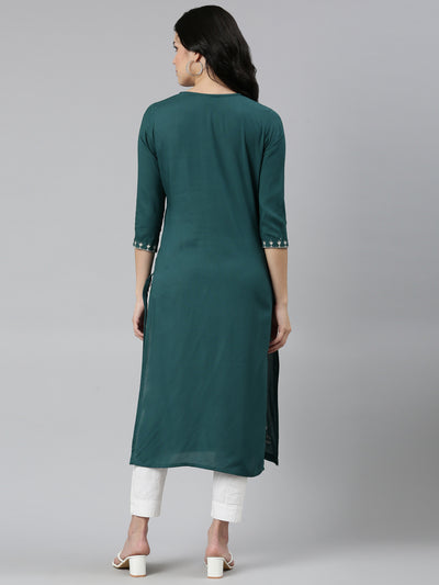 Neeru's Green Regular Straight Embroidered Kurtas