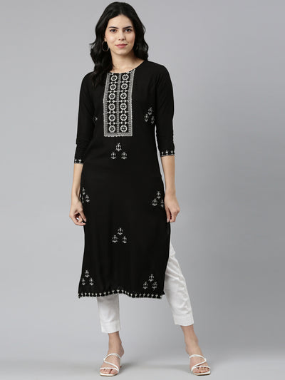 Neeru's Black Regular Straight Embroidered Kurtas