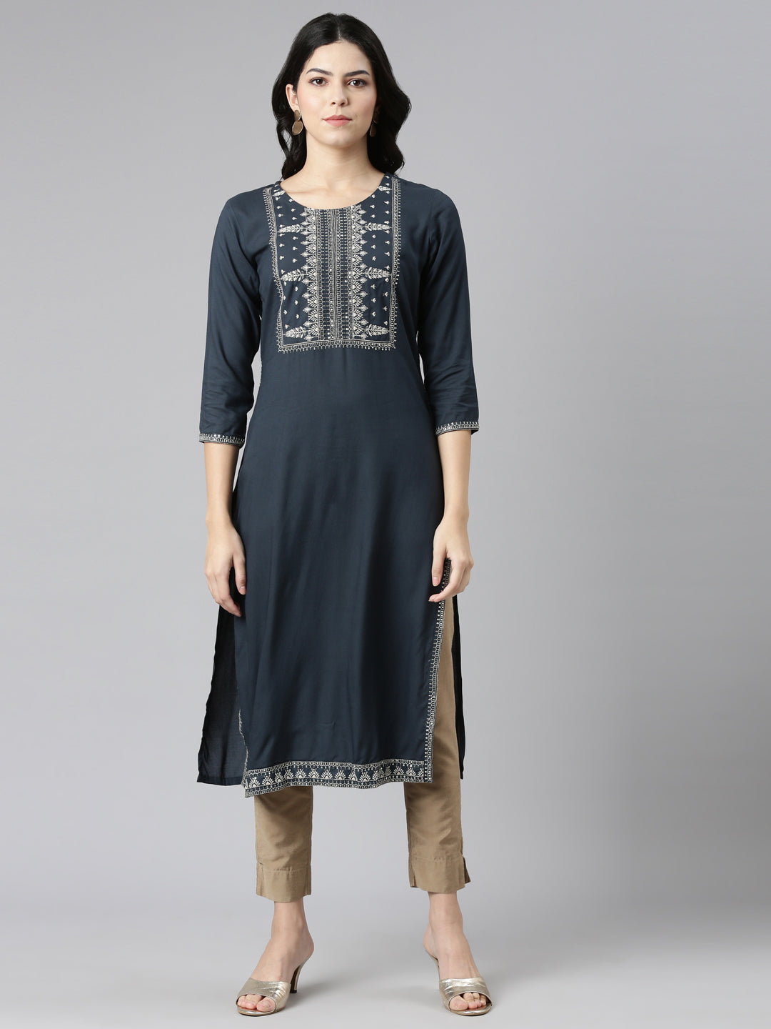 Neeru's Grey Regular Straight Embroidered Kurtas