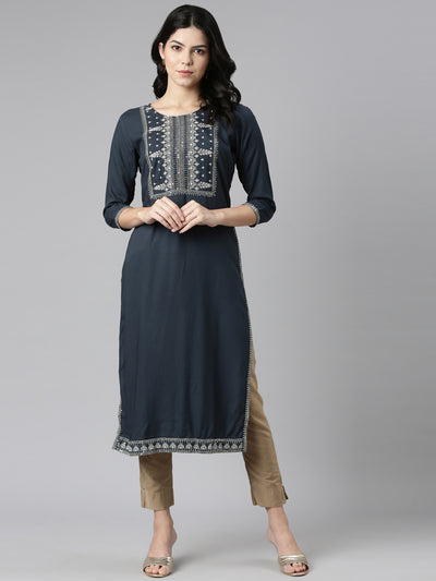 Neeru's Grey Regular Straight Embroidered Kurtas