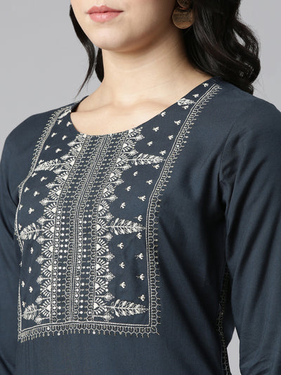 Neeru's Grey Regular Straight Embroidered Kurtas