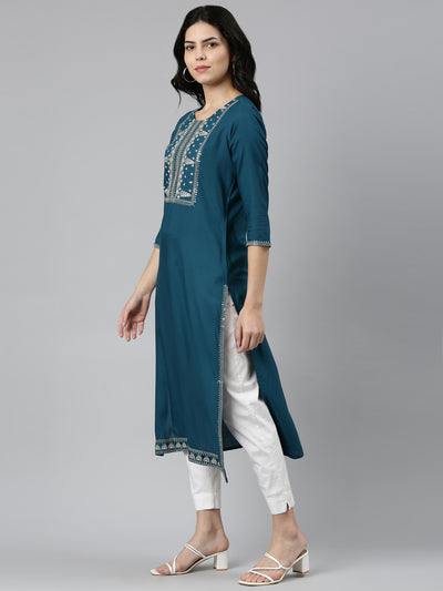 Neeru's Green Regular Straight Solid Kurtas