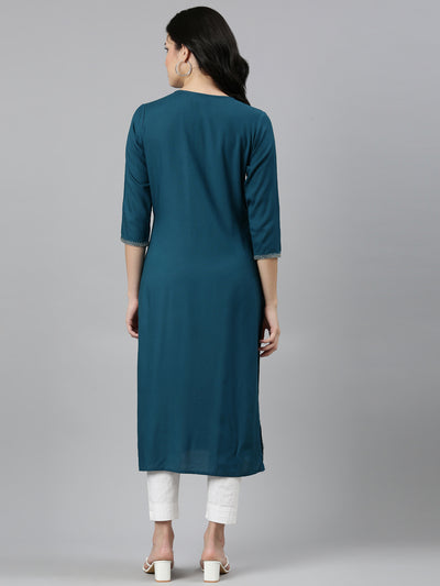 Neeru's Green Regular Straight Solid Kurtas