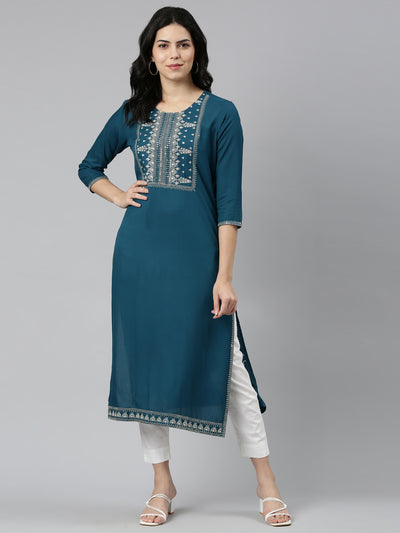 Neeru's Green Regular Straight Solid Kurtas