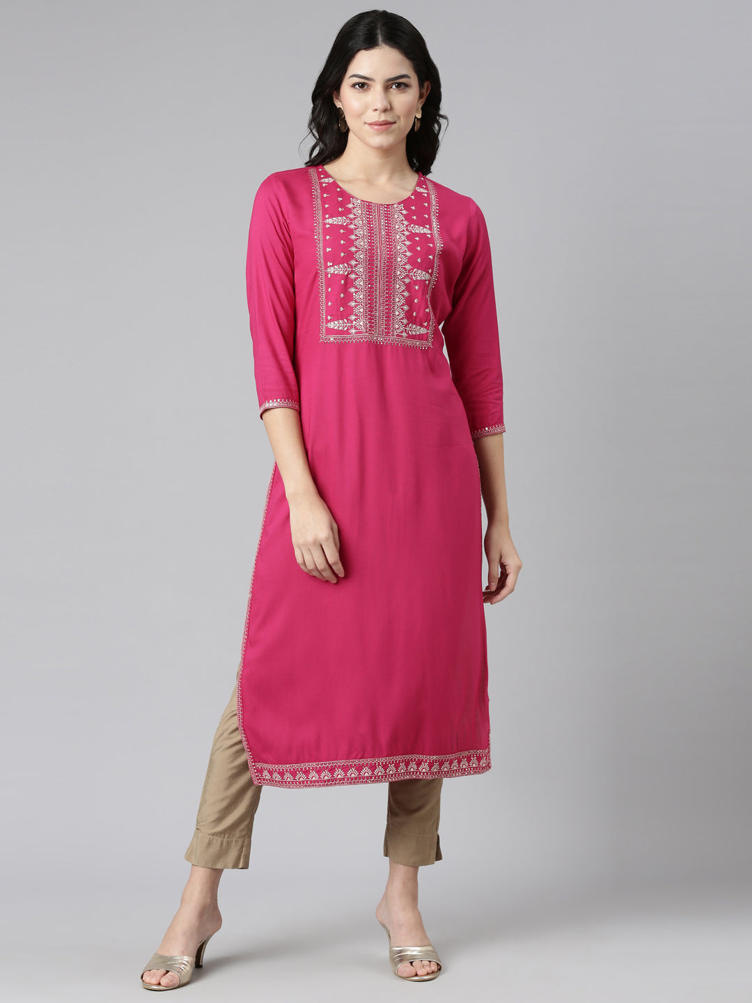 Neeru's Pink Regular Straight Embroidered Kurtas