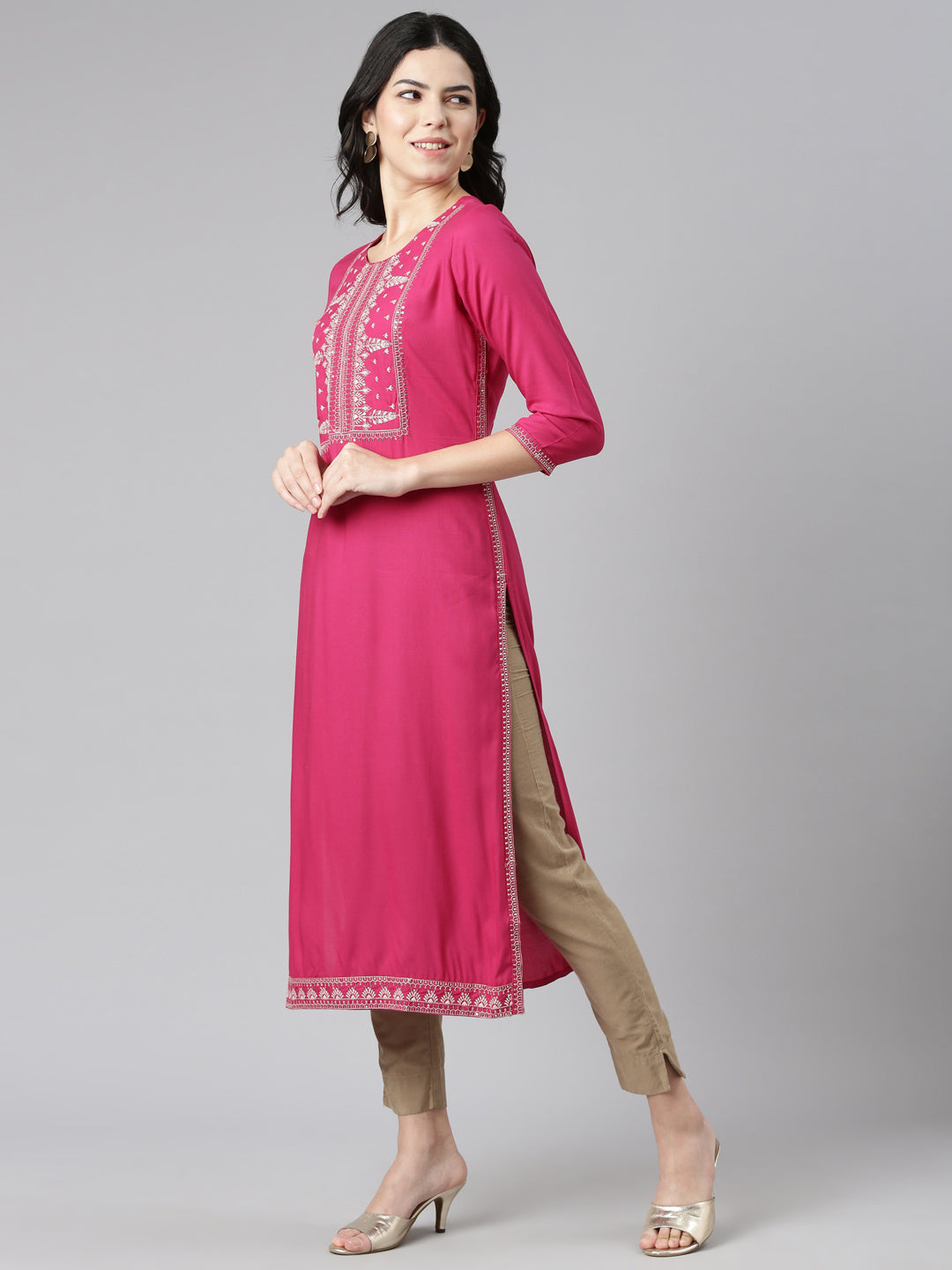 Neeru's Pink Regular Straight Embroidered Kurtas