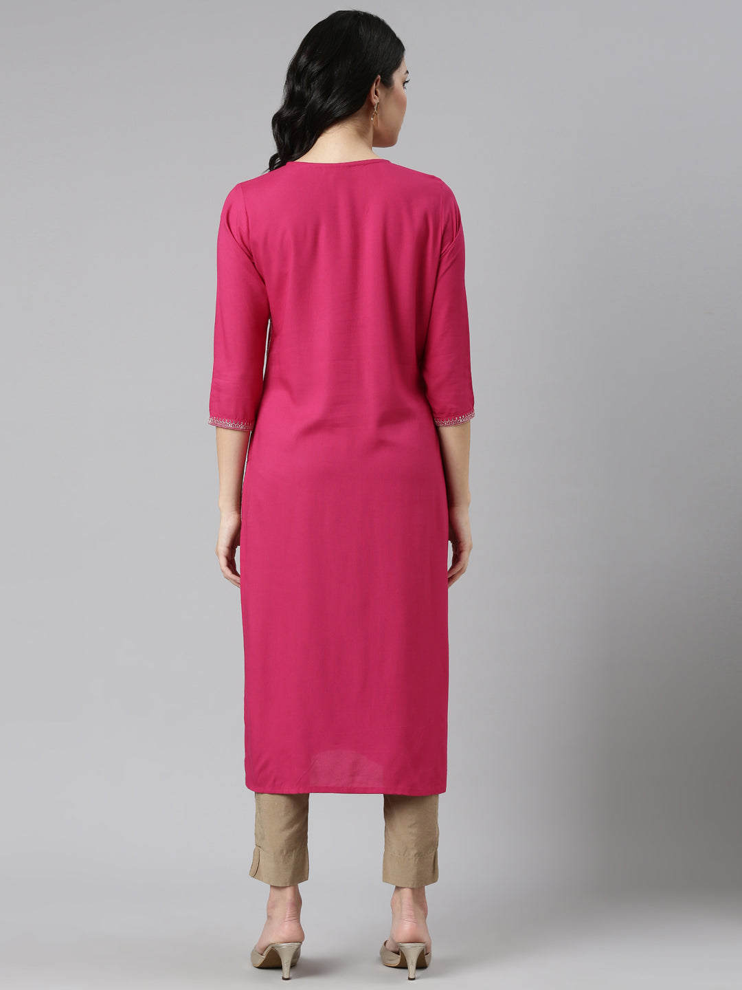 Neeru's Pink Regular Straight Embroidered Kurtas