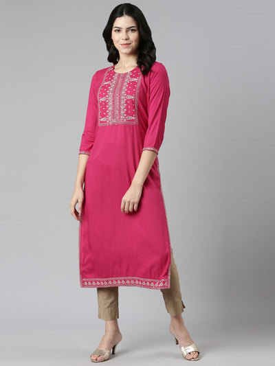 Neeru's Pink Regular Straight Embroidered Kurtas