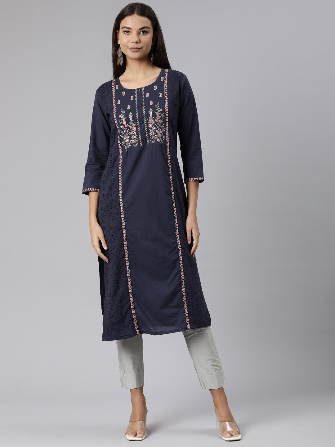 Neeru's Blue Regular Straight Floral Kurtas