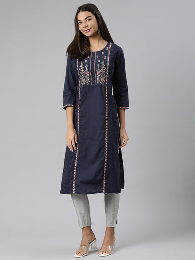 Neeru's Blue Regular Straight Floral Kurtas