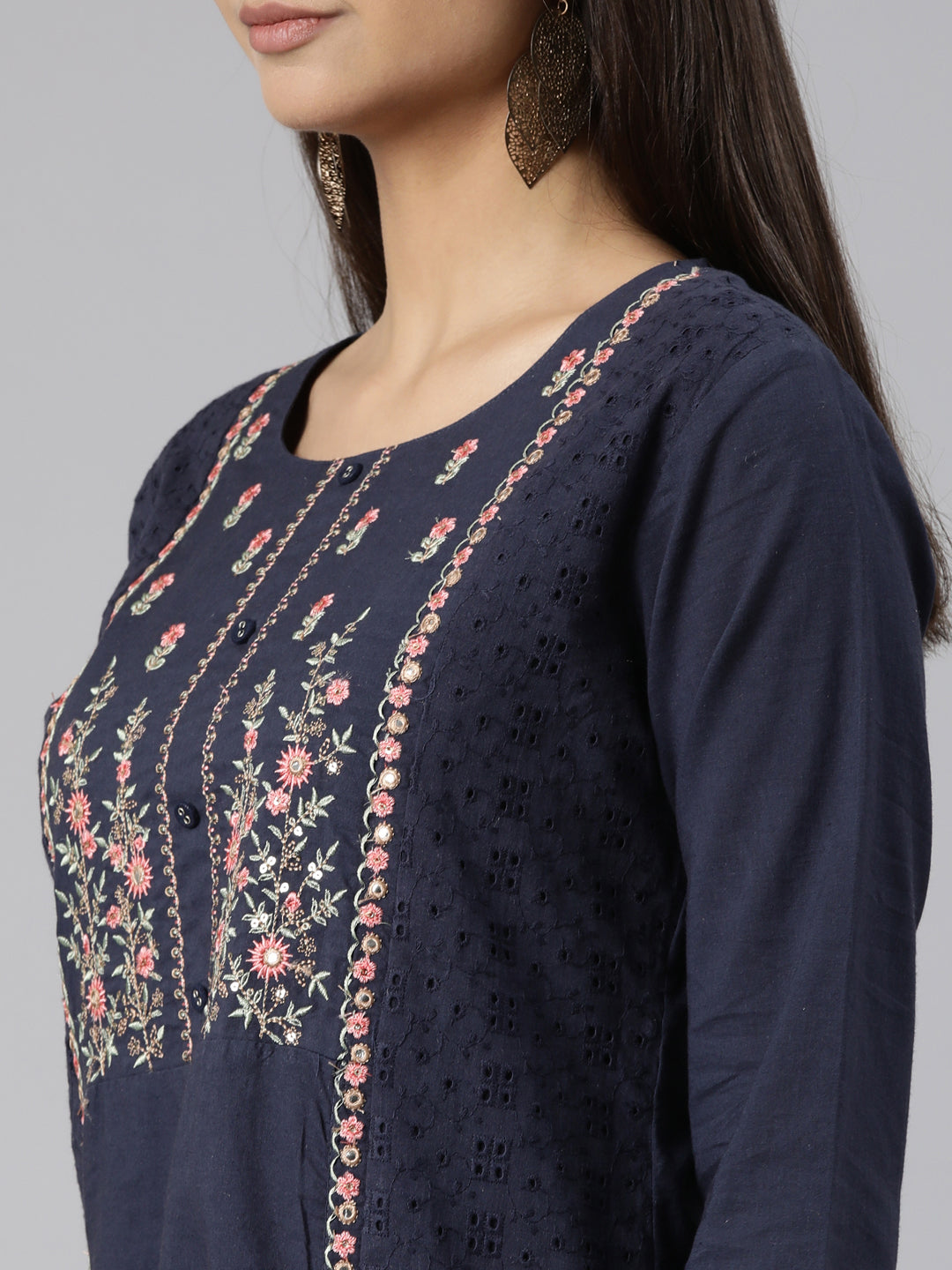 Neeru's Blue Regular Straight Floral Kurtas