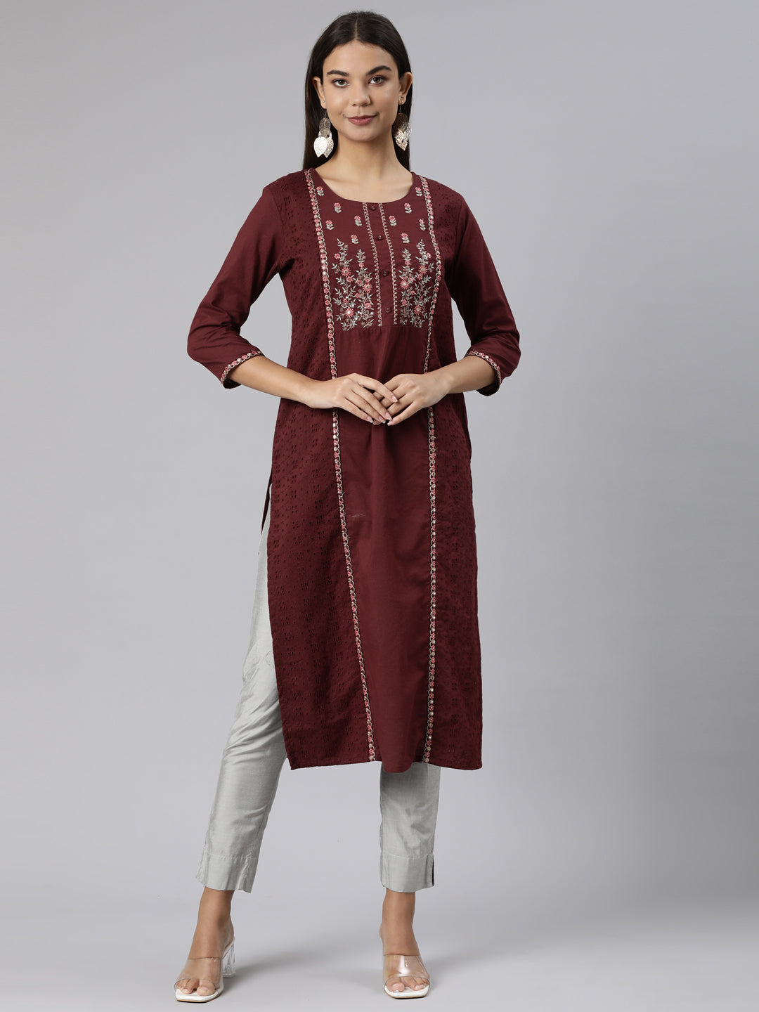 Neeru's Brown Regular Straight Floral Kurtas