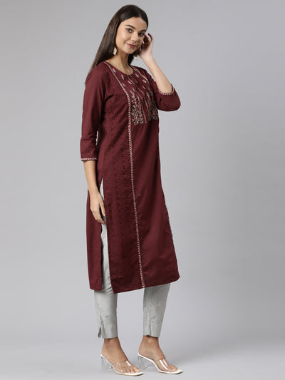 Neeru's Brown Regular Straight Floral Kurtas