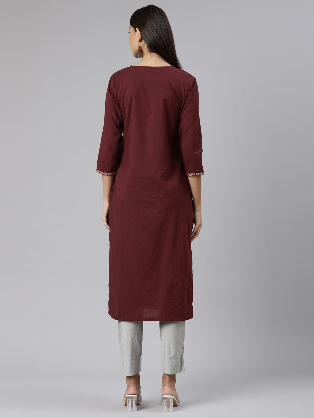 Neeru's Brown Regular Straight Floral Kurtas