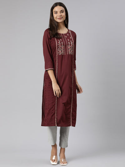 Neeru's Brown Regular Straight Floral Kurtas