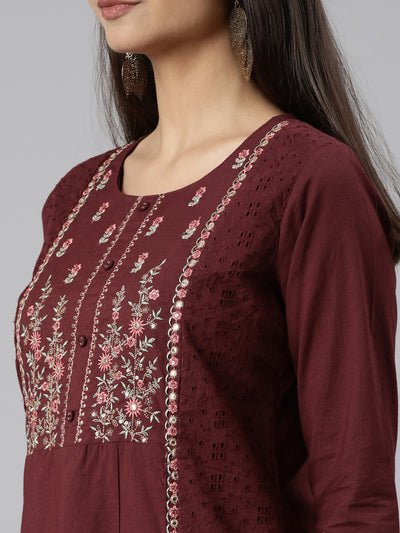 Neeru's Brown Regular Straight Floral Kurtas