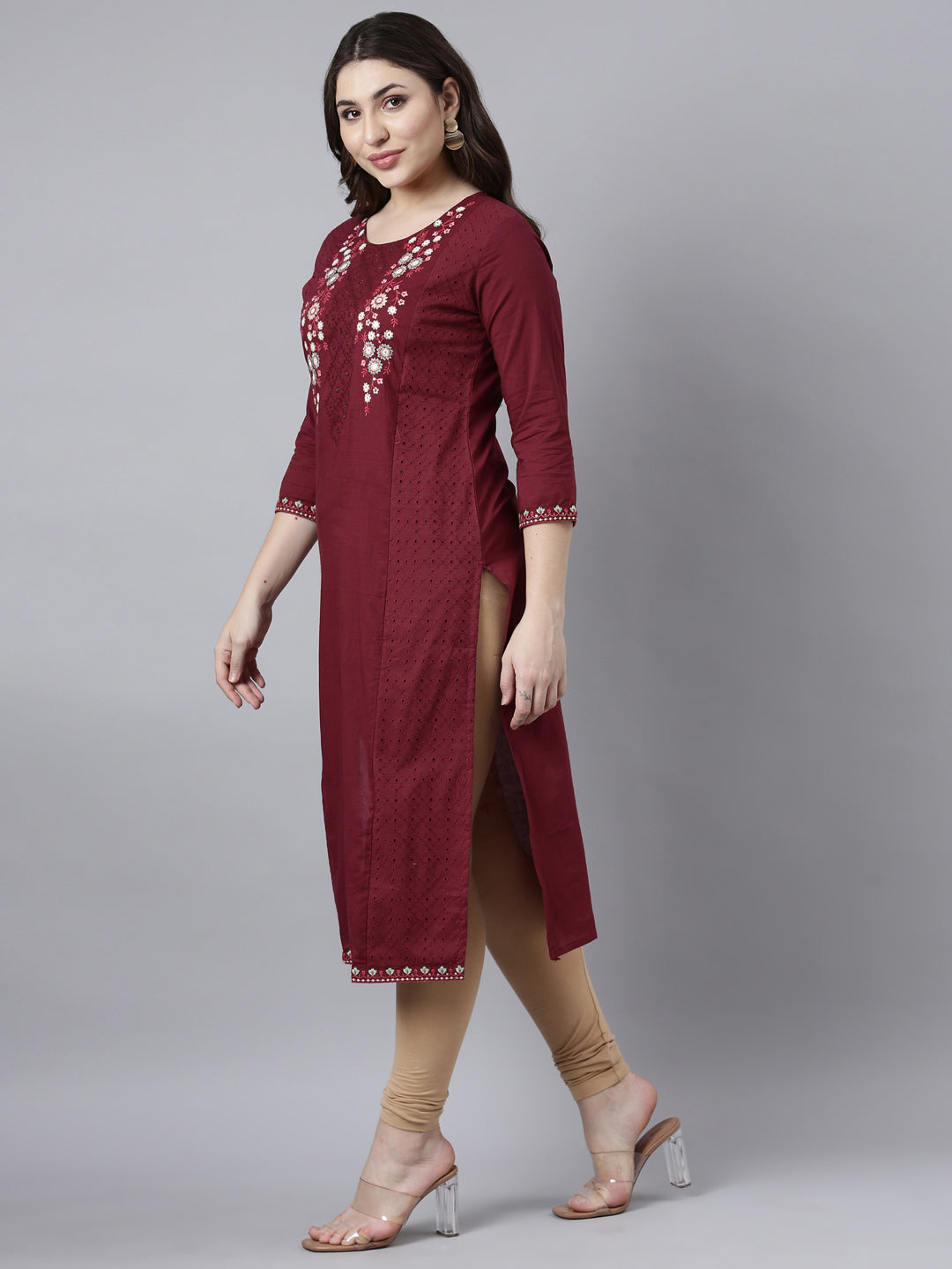 Neerus Maroon Regular Straight Solid Kurtas