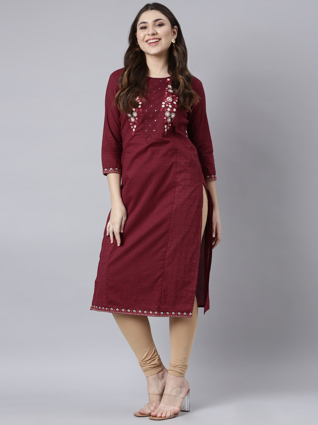 Neerus Maroon Regular Straight Solid Kurtas