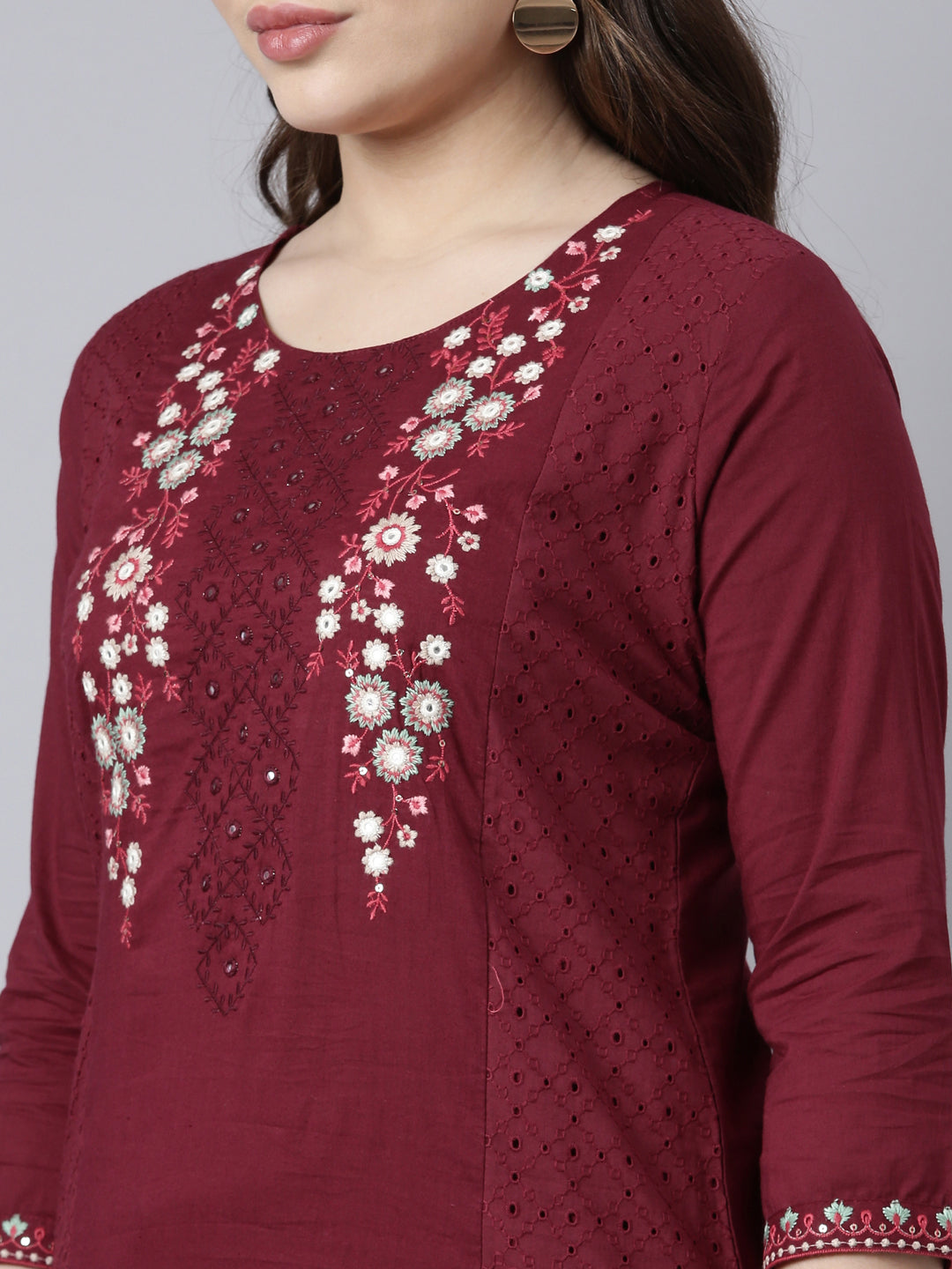 Neerus Maroon Regular Straight Solid Kurtas