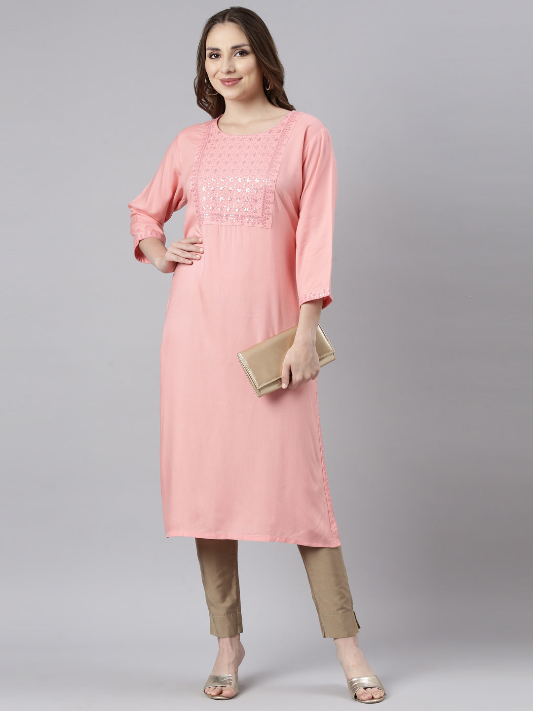 Neerus Coral Regular Straight Solid Kurtas