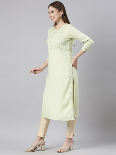 Neerus Green Regular Straight Solid Kurtas