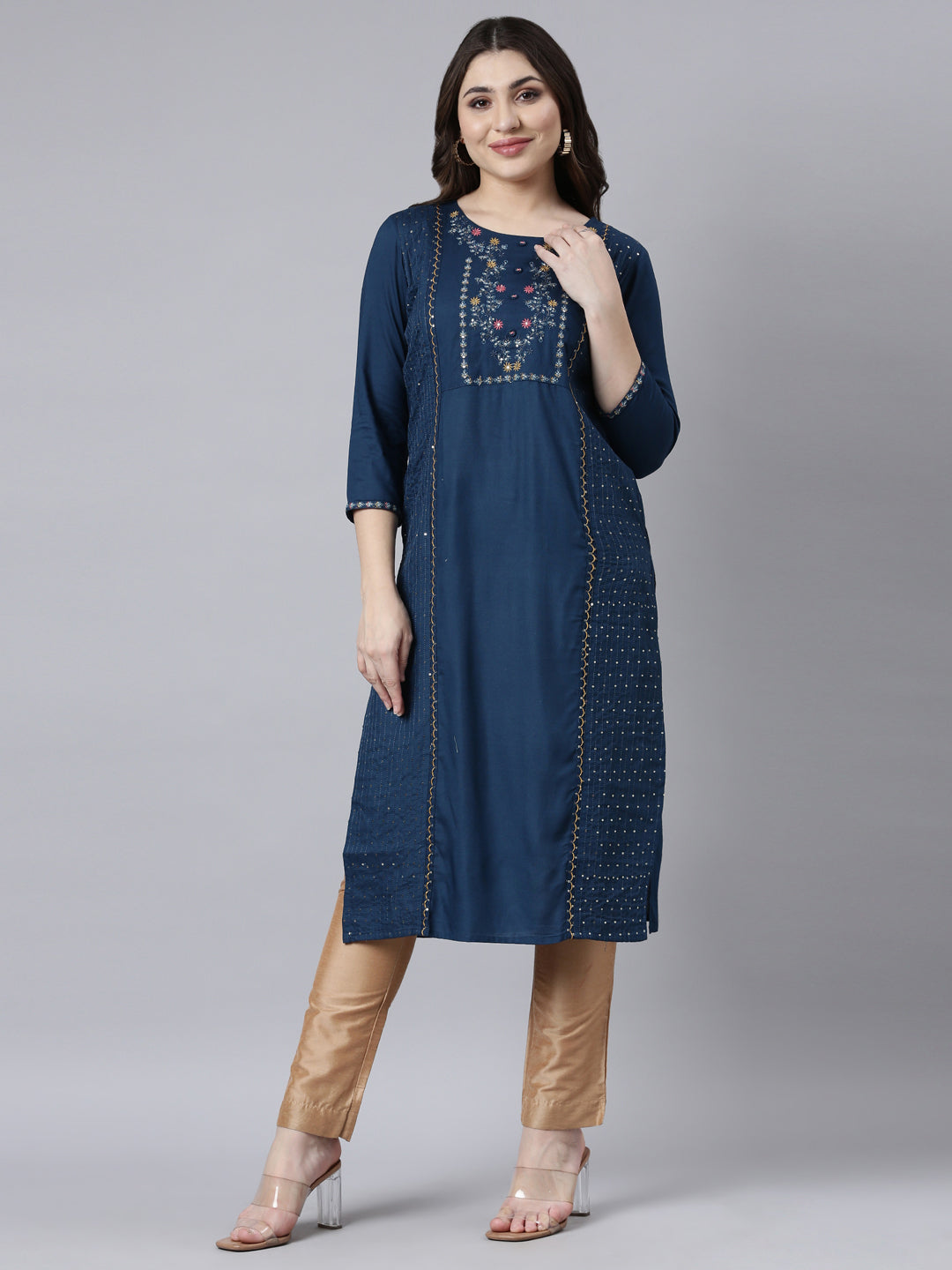 Neerus Blue Regular Straight Woven Design Kurtas