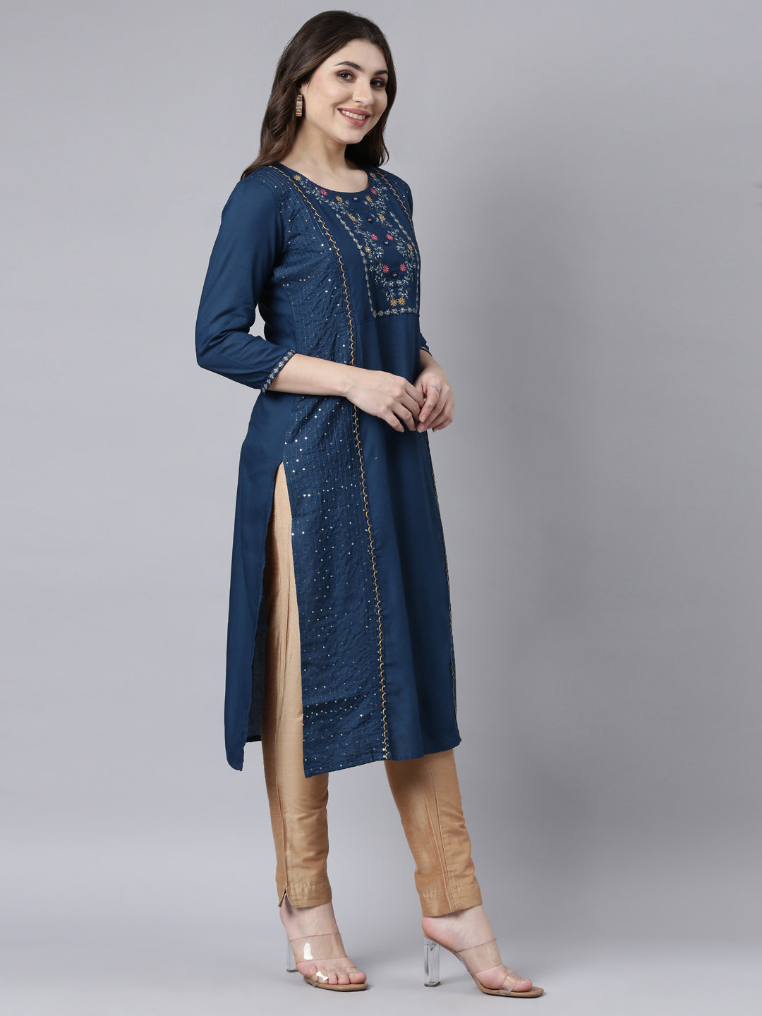 Neerus Blue Regular Straight Woven Design Kurtas