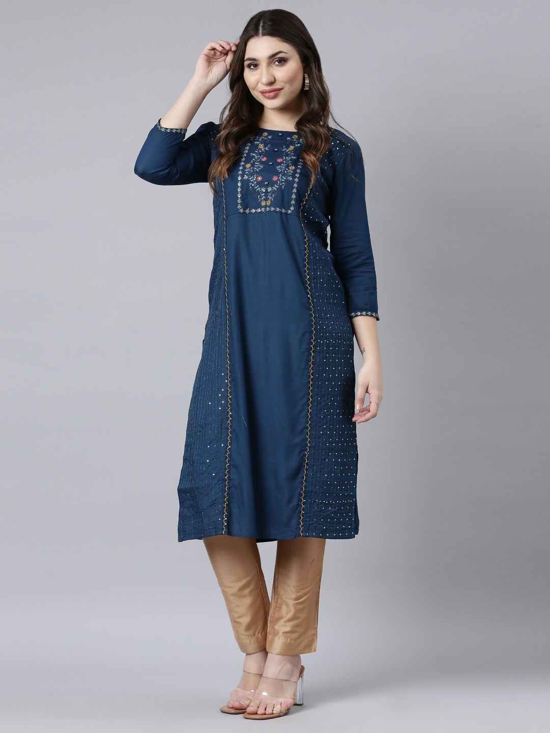 Neerus Blue Regular Straight Woven Design Kurtas