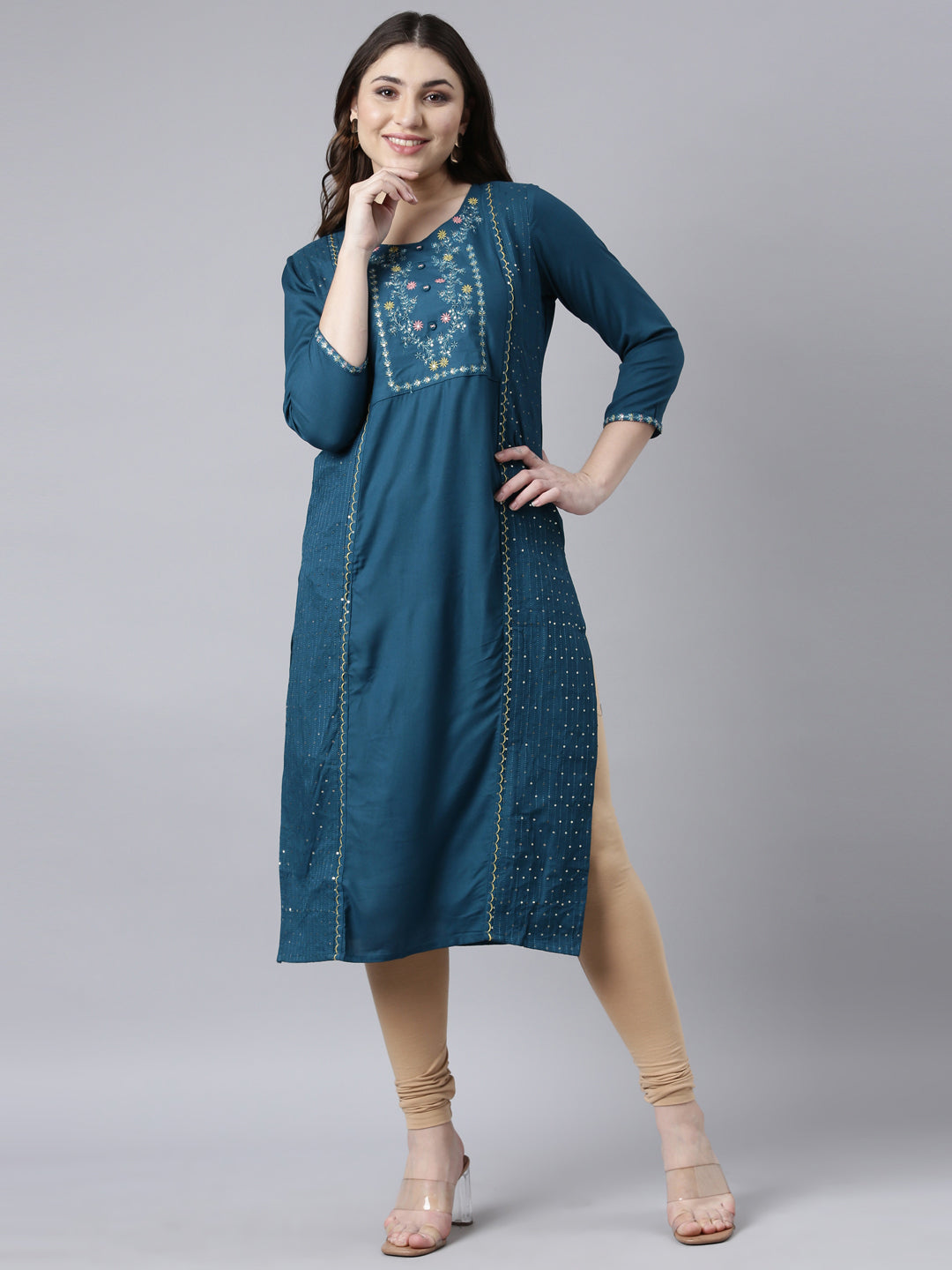 Neerus Blue Regular Straight Woven Design Kurtas