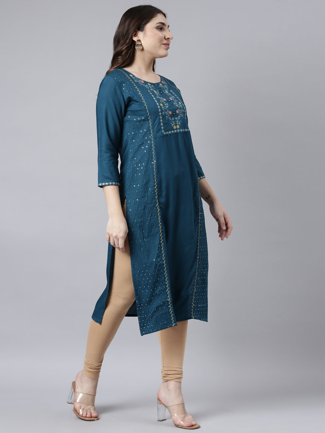 Neerus Blue Regular Straight Woven Design Kurtas