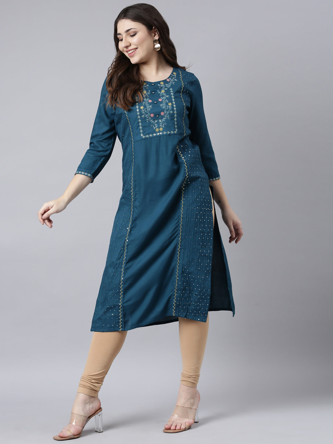 Neerus Blue Regular Straight Woven Design Kurtas