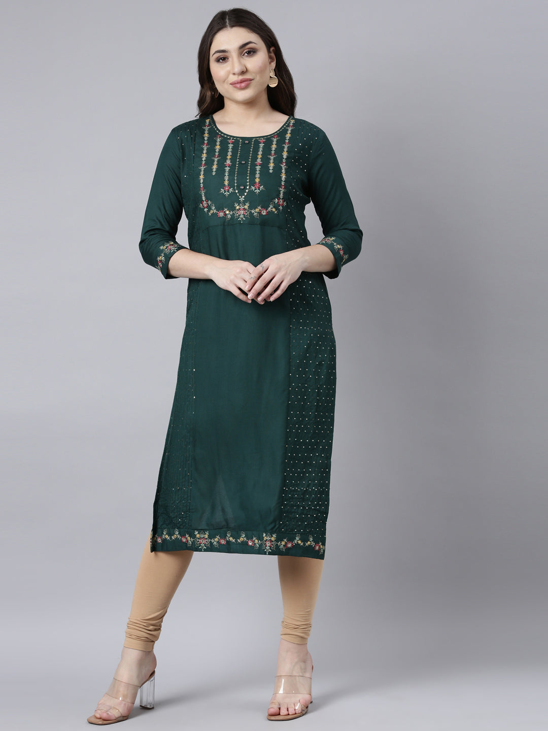 Neerus Green Regular Straight Woven Design Kurtas